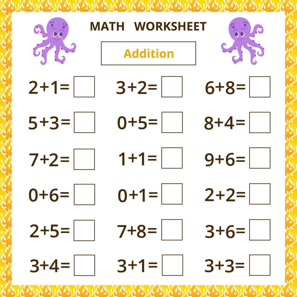 Math worksheet with cute cartoon octopus. Addition. vector
