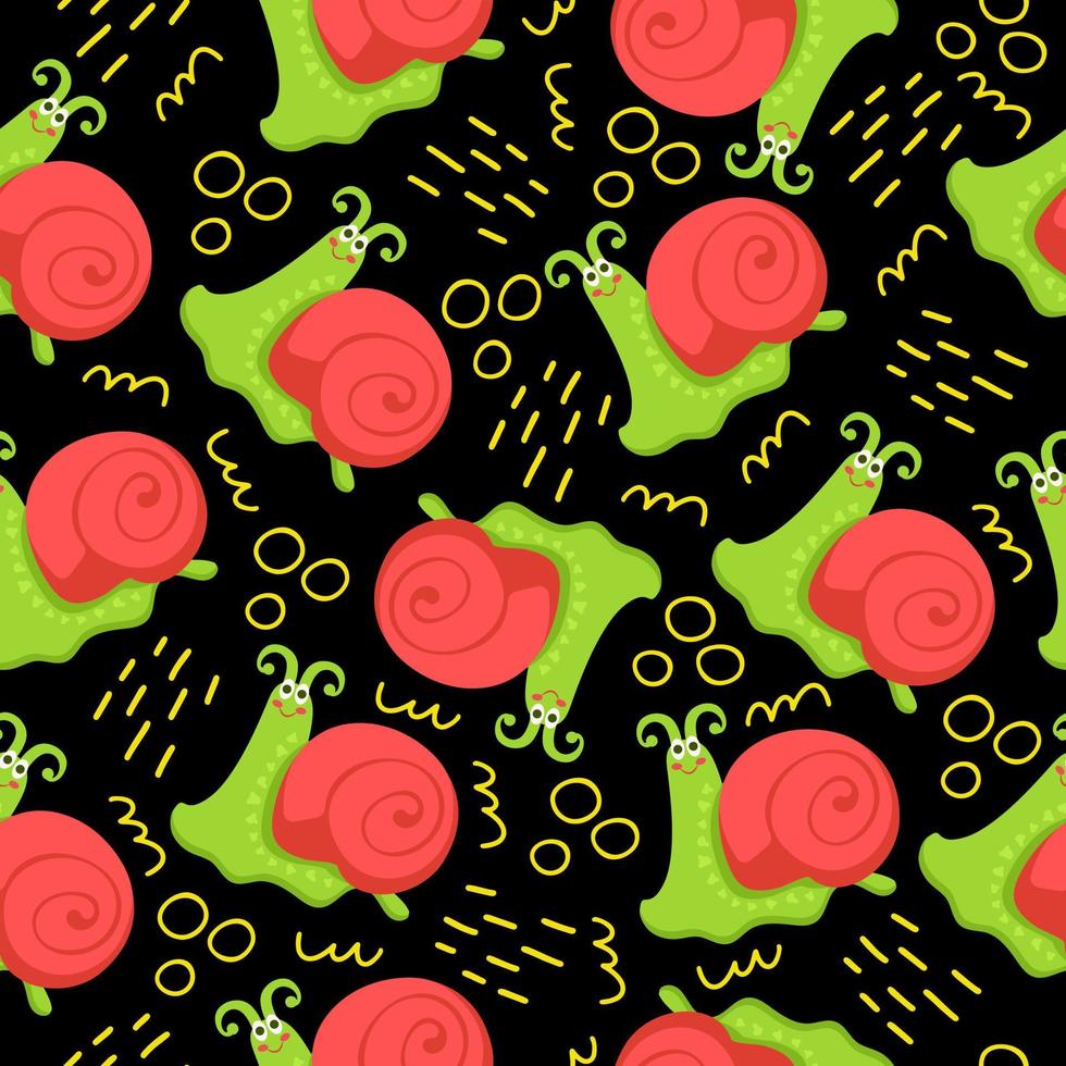 Seamless pattern with cute cartoon snail and abstract shapes. vector