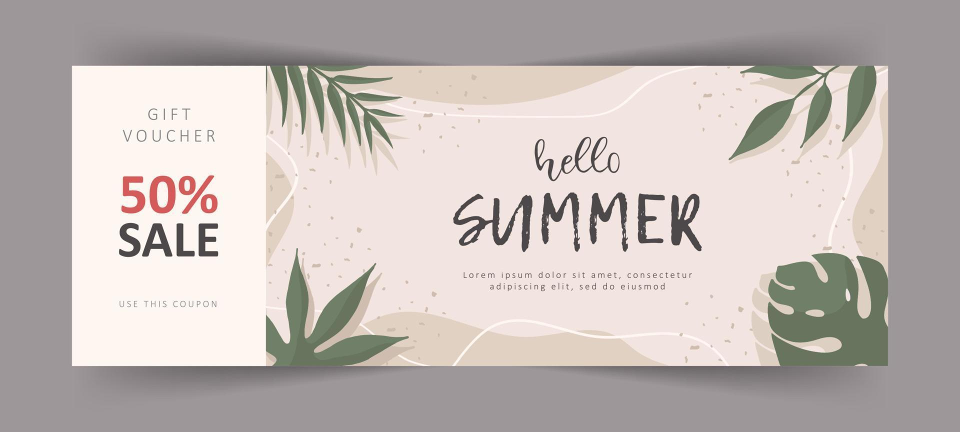 Hello summer gift voucher. Commercial discount coupon. Vintage background with lettering. Vector illustration in flat style