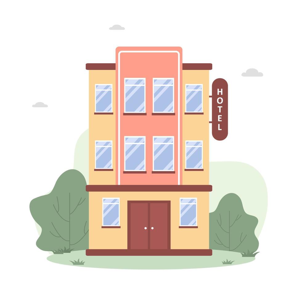 Hotel building in flat style on white background. Modern city urban landscape. Graphic element. Vector illustration in cartoon style