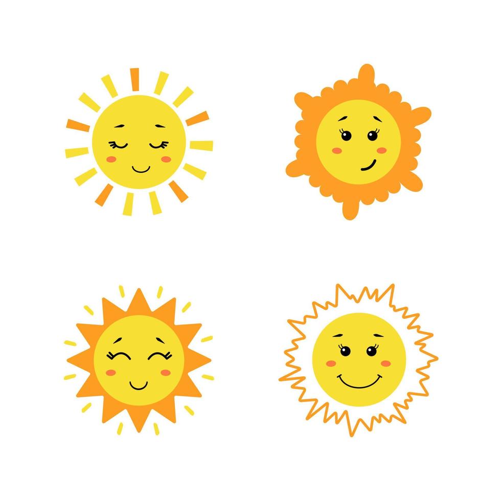 Set of cute hand drawn sun. Yellow funny suns with different emotions isolated on white background. Vector childish illustration in flat cartoon style