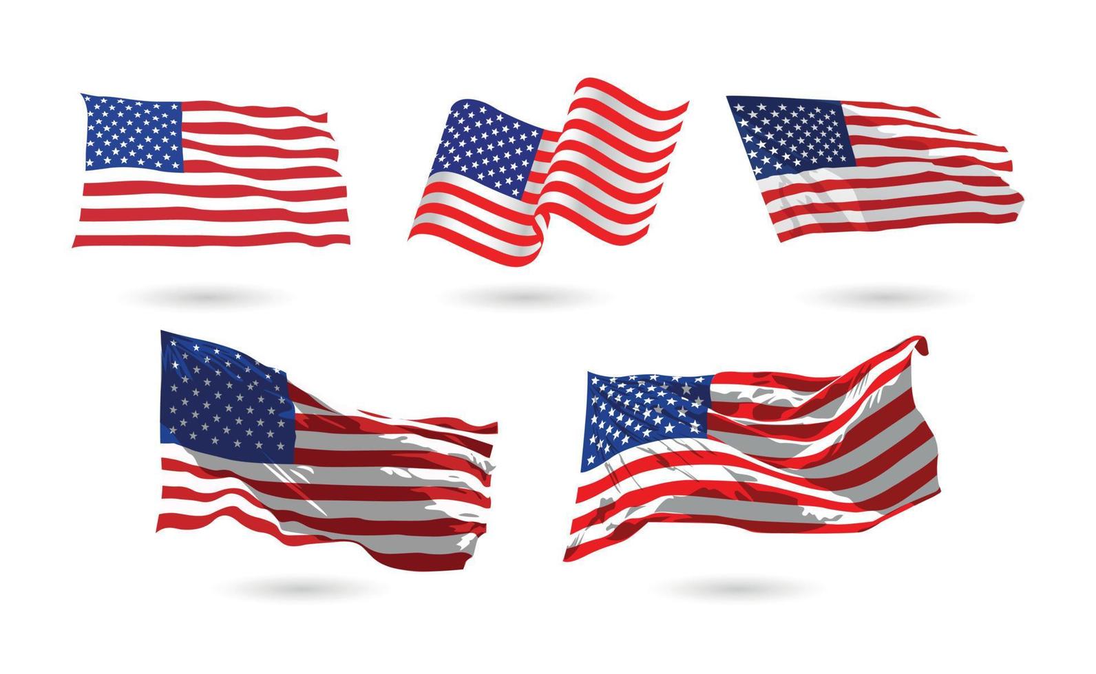 Vintage waving USA flag set. Vector waving American flags.