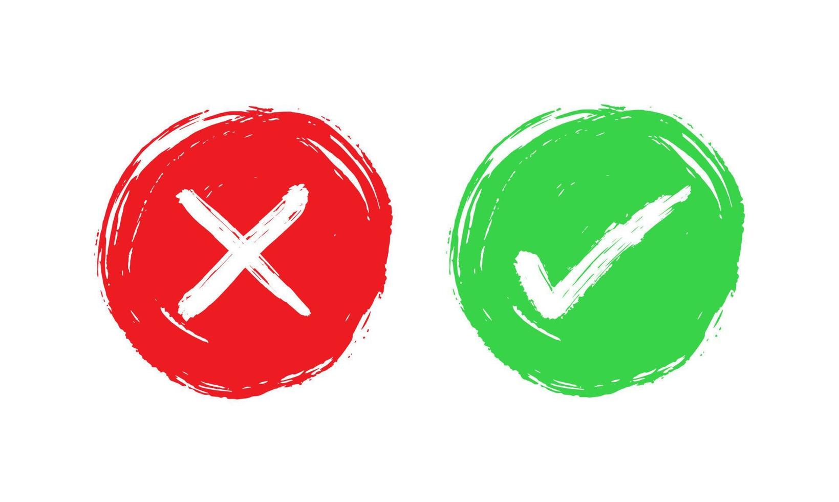 Tick and cross signs. Green checkmark OK and red X icons, isolated on white background. Simple marks graphic design. Circle symbols YES and NO button for vote, decision, web. Vector illustration