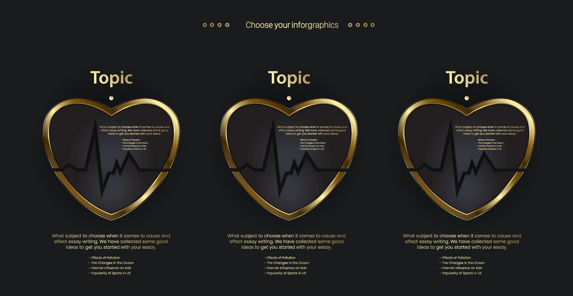 a set of golden Medical heart icons, symbols, heart shapes design on dark background, three golden vector heart Can be used with various media and designs