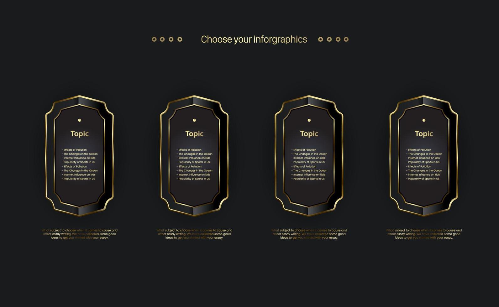 FOUR golden option chart design on dark background, a modern premium element template template, used for finance or business objects design vector