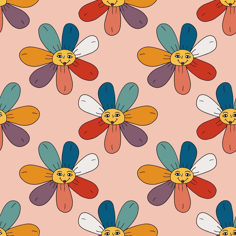 Groovy Smiley  Hippie Flower seamless pattern. Positive 70s retro smiling daisy flower print. vector