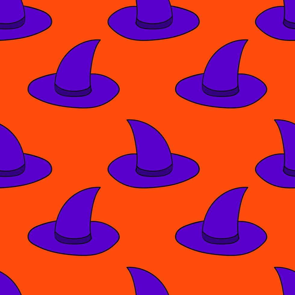 Seamless pattern with cartoon doodle linear witch hat. Halloween background. vector