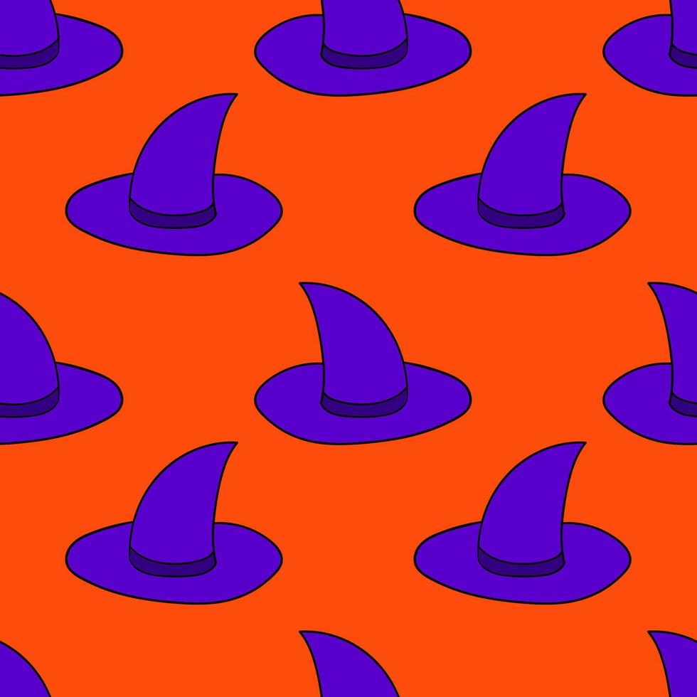 Seamless pattern with cartoon doodle linear witch hat. Halloween background. vector