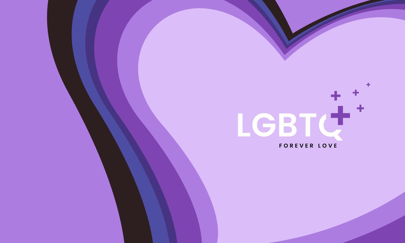 lgbtq plus diseño de fondo en forma de corazón de arco iris colorido para el mes del orgullo lgbtq sobre fondo morado claro con espacio de texto, vector y plantilla de ilustración