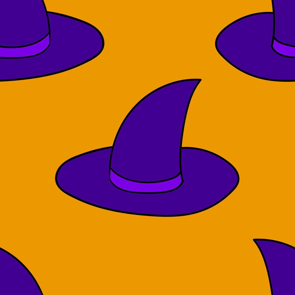 Seamless pattern with cartoon doodle linear witch hat. Halloween background. vector