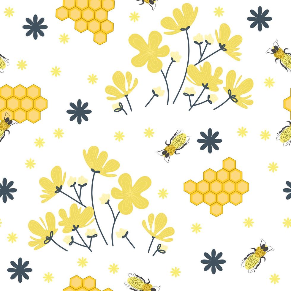 Oh my spring flower garden with honeycomb and bee seamless pattern vector