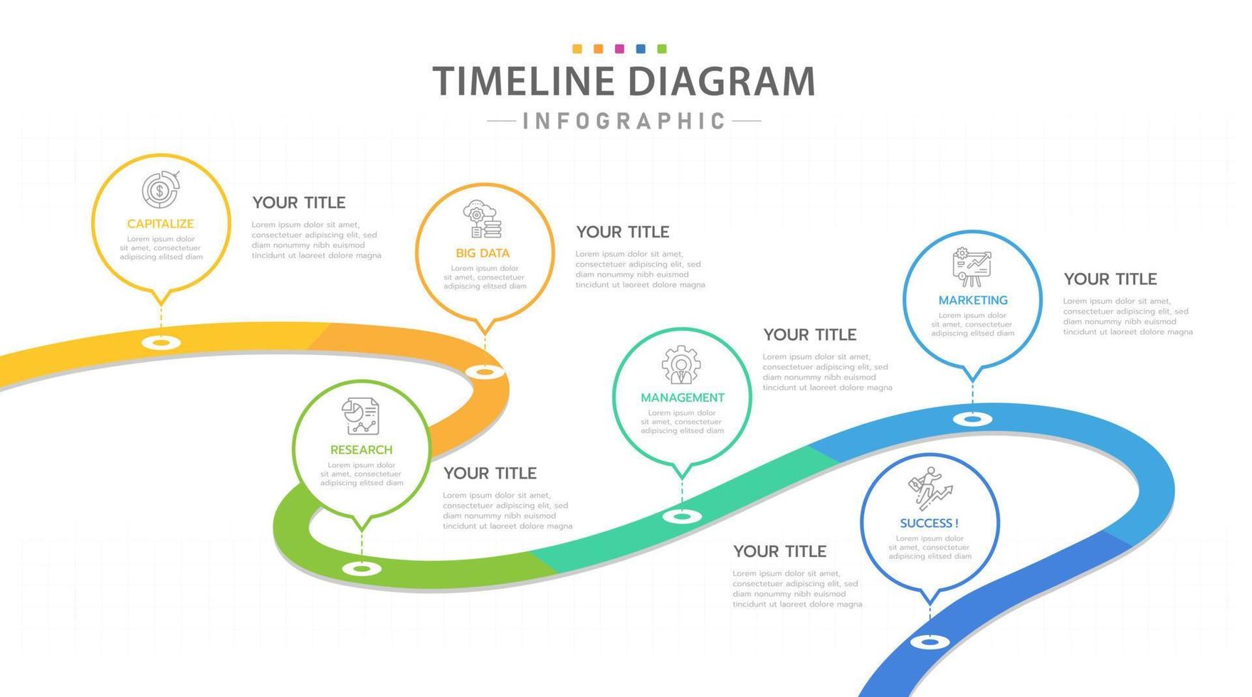 Infographic template for business. 6 Steps Modern Timeline diagram with road journey concept, presentation vector infographic.