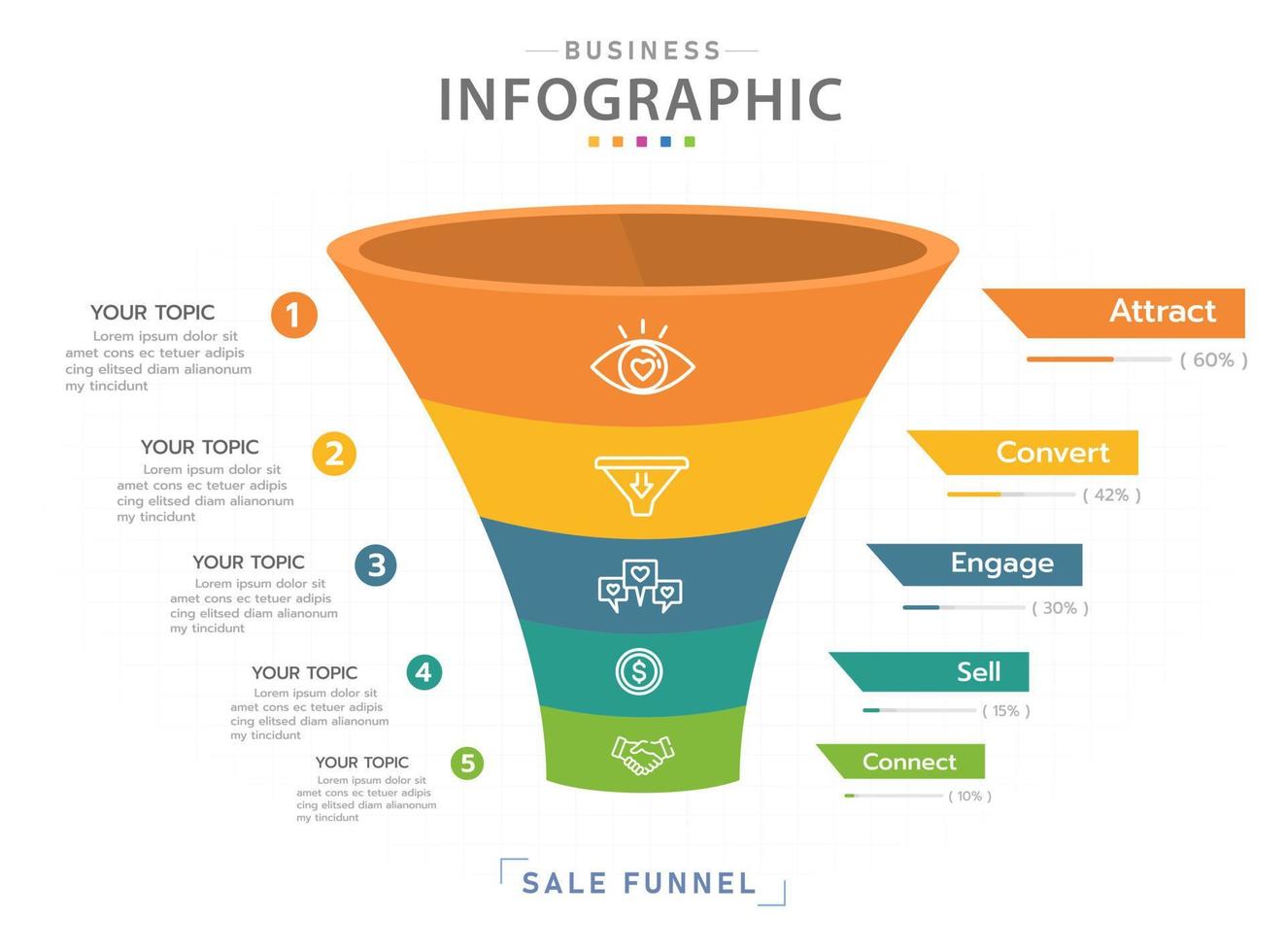 Infographic template for business. 5 Level Modern Sales funnel diagram with percentage, presentation vector infographic.