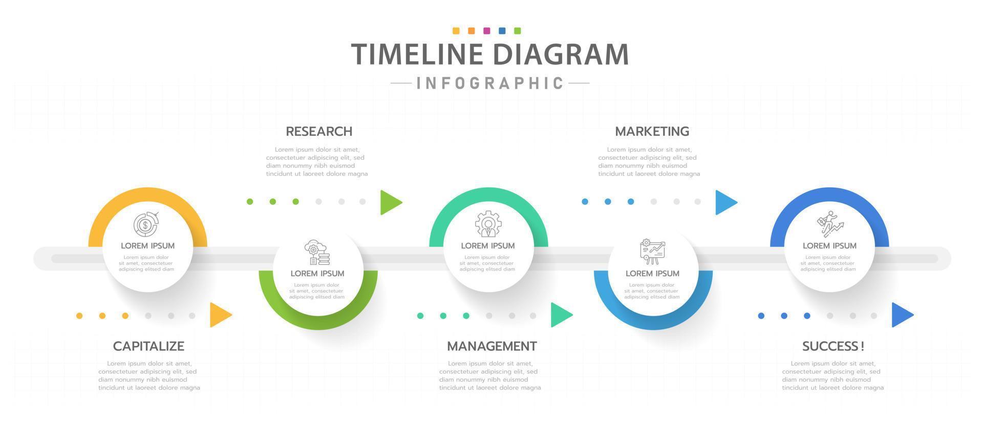 plantilla infográfica para negocios. Diagrama de línea de tiempo moderno de 5 pasos con flechas de progreso, infografía vectorial de presentación. vector