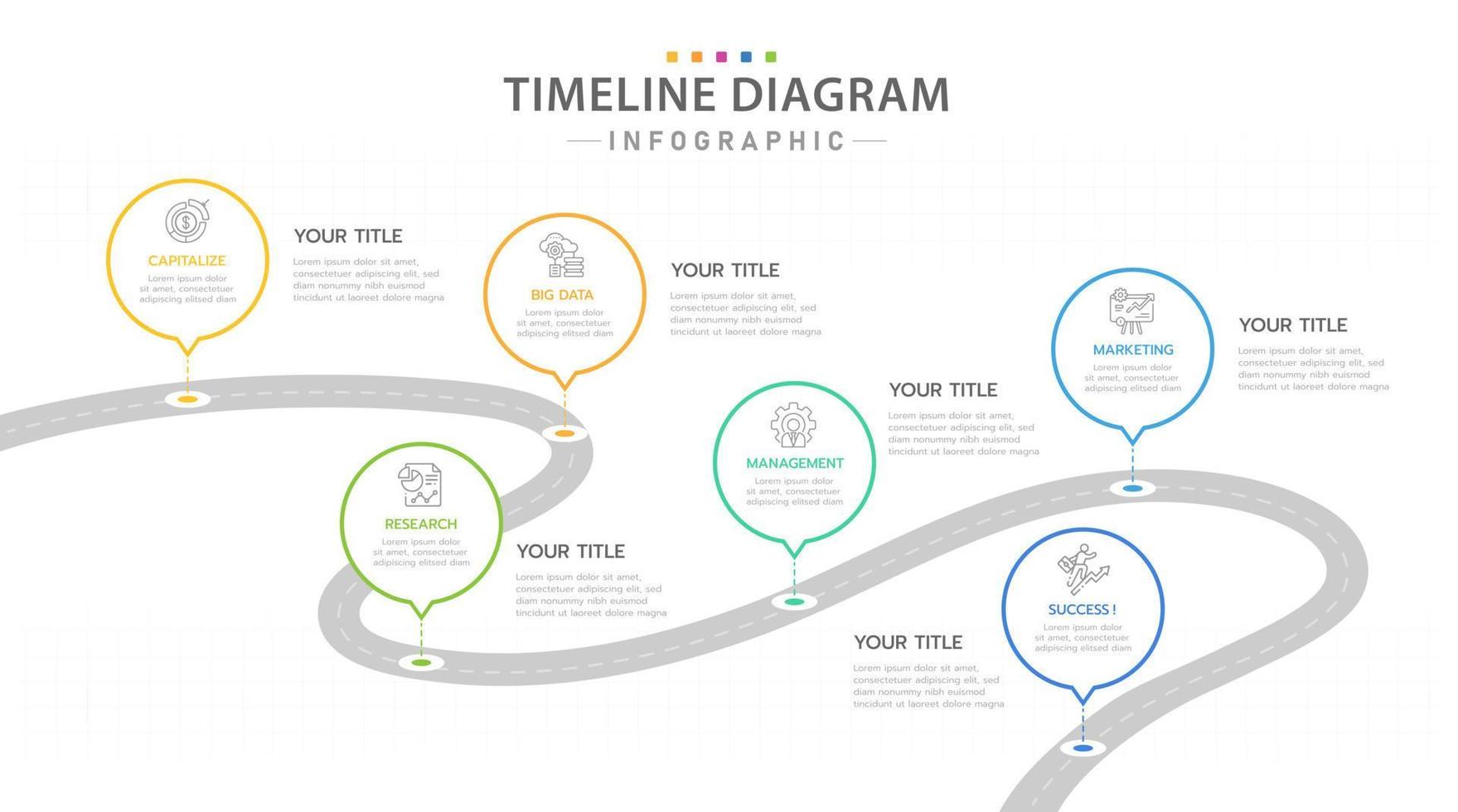 Infographic template for business. 6 Steps Modern Timeline diagram with road journey concept, presentation vector infographic.