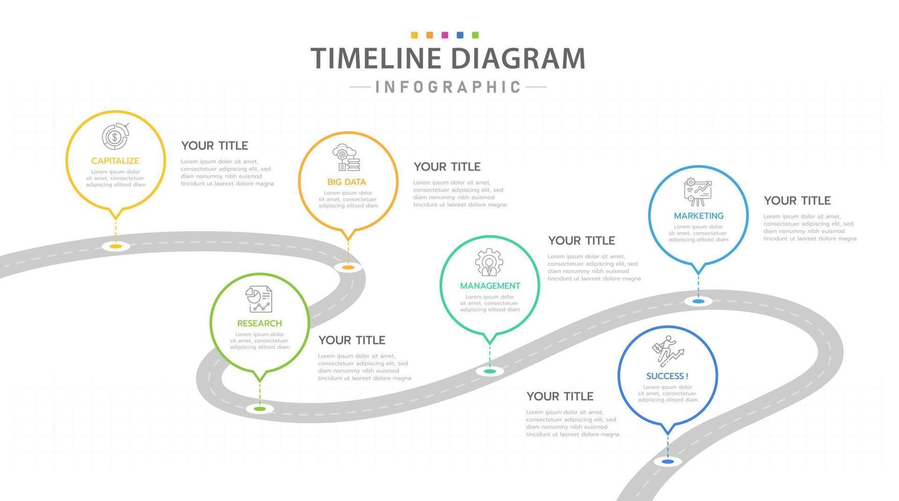 plantilla infográfica para negocios. Diagrama de línea de tiempo moderno de 6 pasos con concepto de viaje por carretera, infografía vectorial de presentación. vector