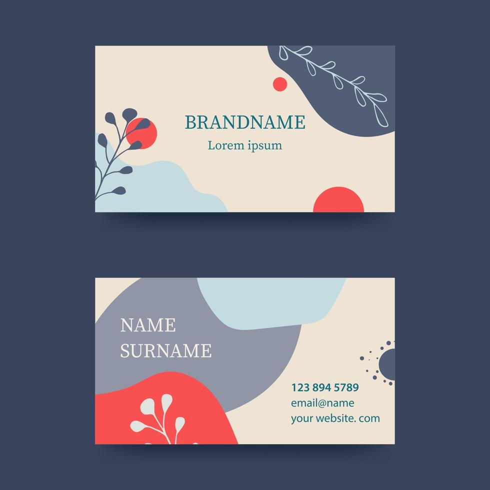 Business card design in soft pastel colors. Modern concept with liquid, drops, brush, flowers, leaves, lines. Shades of red and blue. Vector illustration