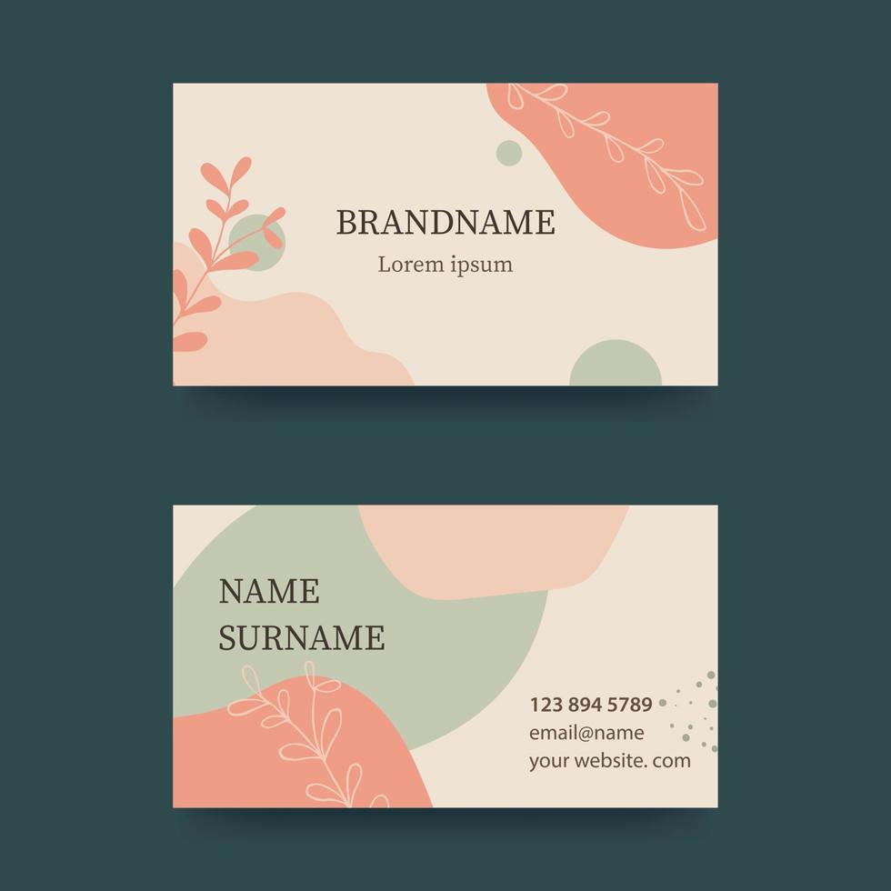 Business card design in soft pastel colors. Modern concept with liquid, drops, brush, flowers, leaves, lines. Pink and green tones. Vector