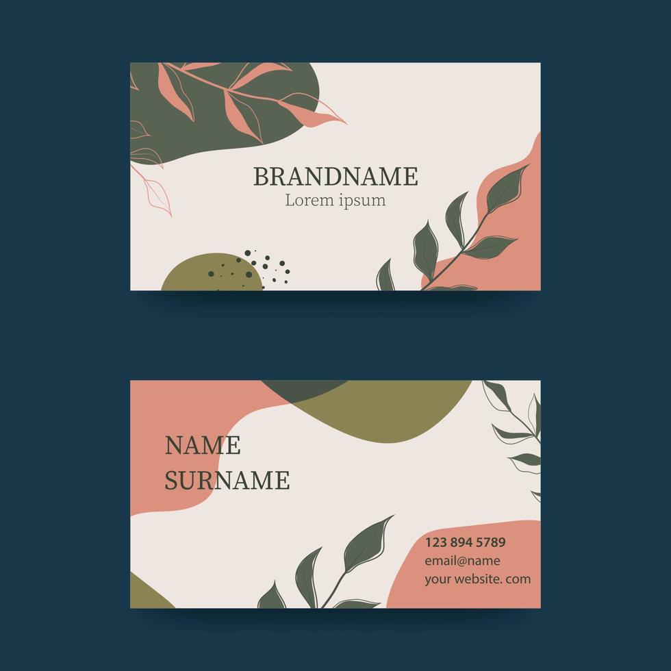 Business card design in soft pastel colors. Modern concept with liquid, drops, brush, flowers, leaves, lines. Pink and green tones. Vector illustration