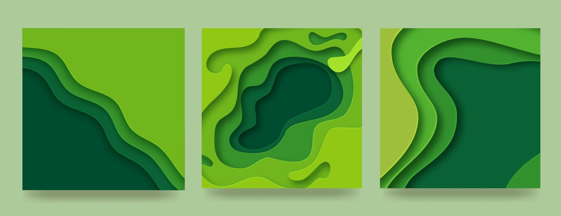 Set of 3D abstract backgrounds with green paper cut shapes. Colorful carving art, environment and ecological element. Vector illustration