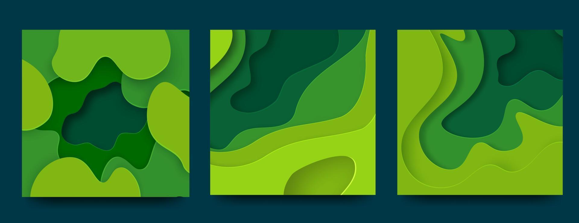 Set of 3D abstract backgrounds with green paper shapes. Colorful carving art, environment and ecological element. Vector layout design for flyers, posters and invitations. Vector illustration