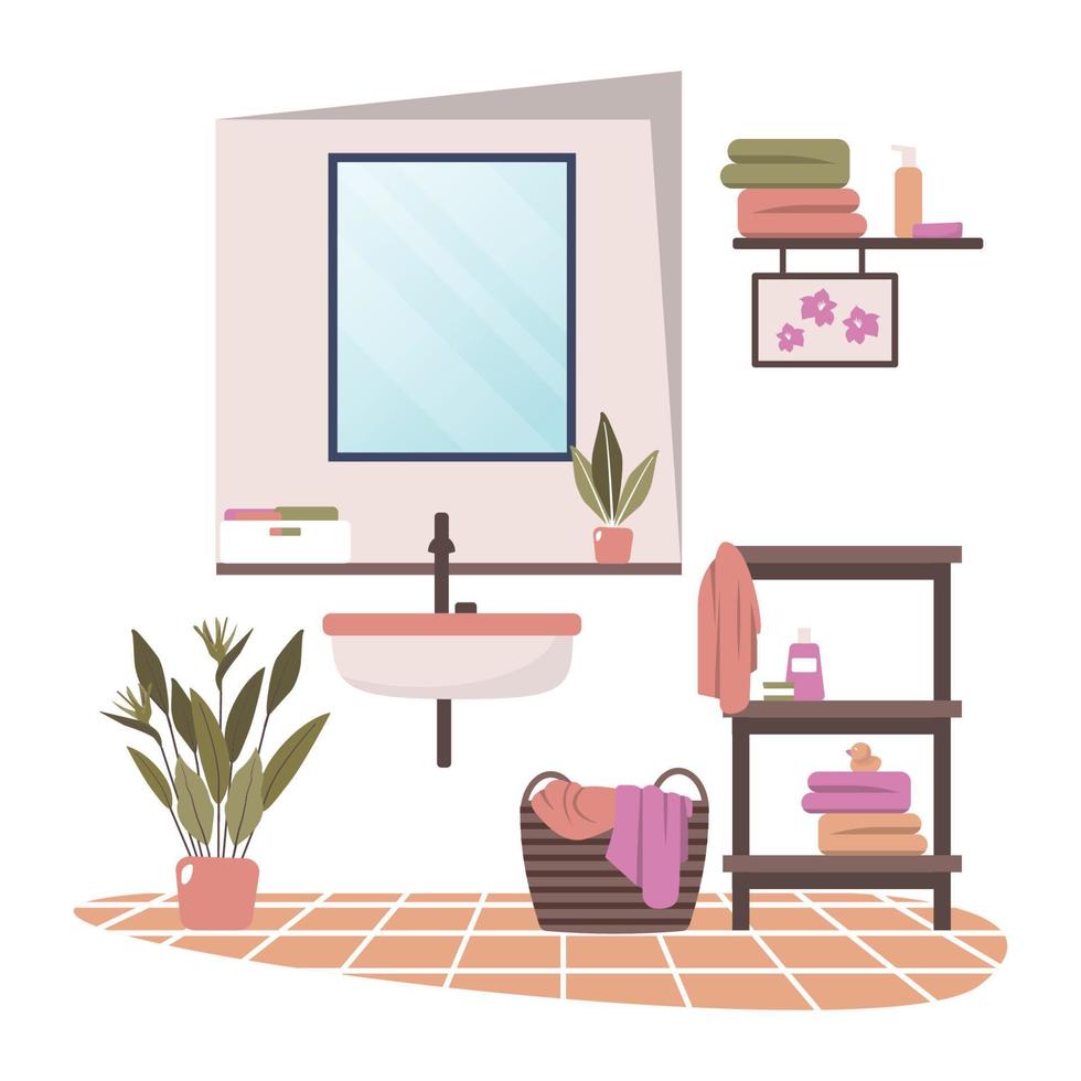 limpio baño decoración espejo lavabo gabinete casa interior diseño plano vector