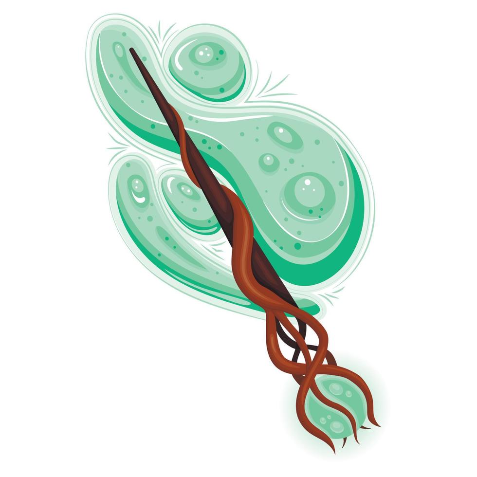 Wooden wand with green forest fairy branches, magic smoke, fairy dust and glow swirl vector