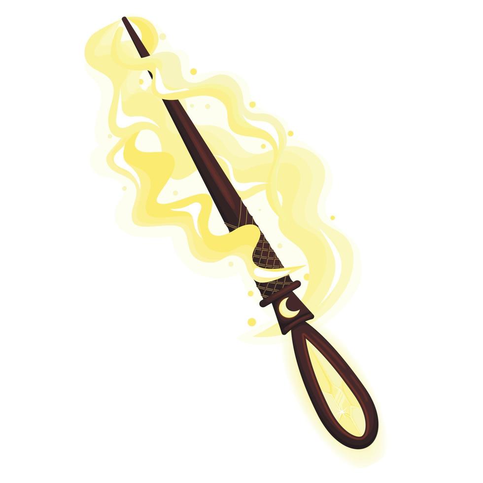 varita mágica de madera con cristal amarillo, humo mágico, polvo de hadas y remolino brillante vector
