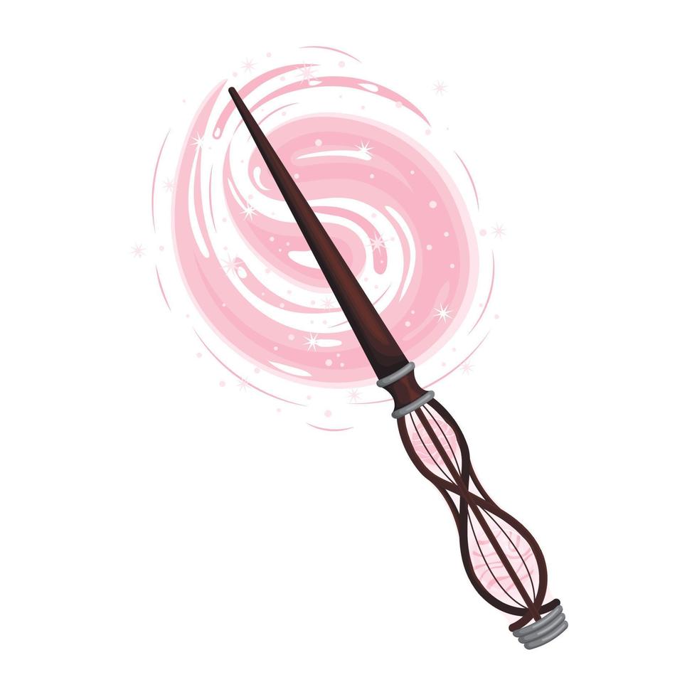 Wooden magic wand with a pink fairy stone, magic smoke, fairy dust and a glowing swirl vector