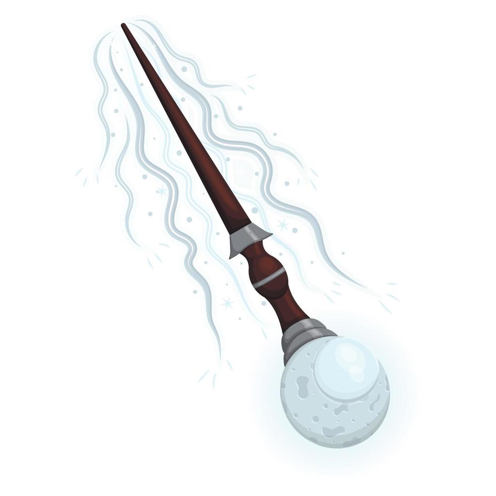 Wooden magic wand with a blue fairy moon stone, magic smoke, fairy dust and a glowing swirl vector