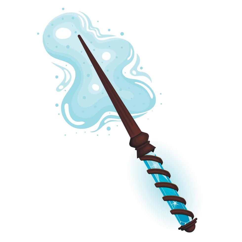 Wooden magic wand with blue crystal, magic smoke, fairy dust and glow swirl vector