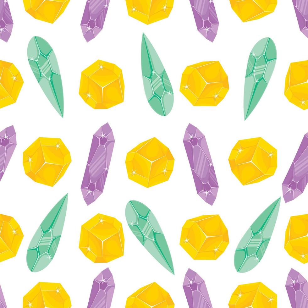 Seamless pattern with orange, light green and purple magic crystals in a simple minimalistic flat style on a white background vector