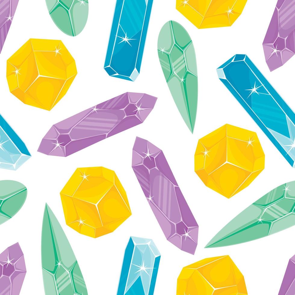Seamless pattern with  ligyt green, orange, purple and blue magic crystals in a simple minimalistic flat style on a white background vector