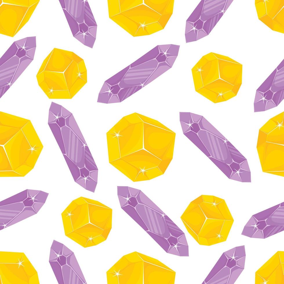 Seamless pattern with purple and orange magic crystals in a simple minimalistic flat style on a white background vector