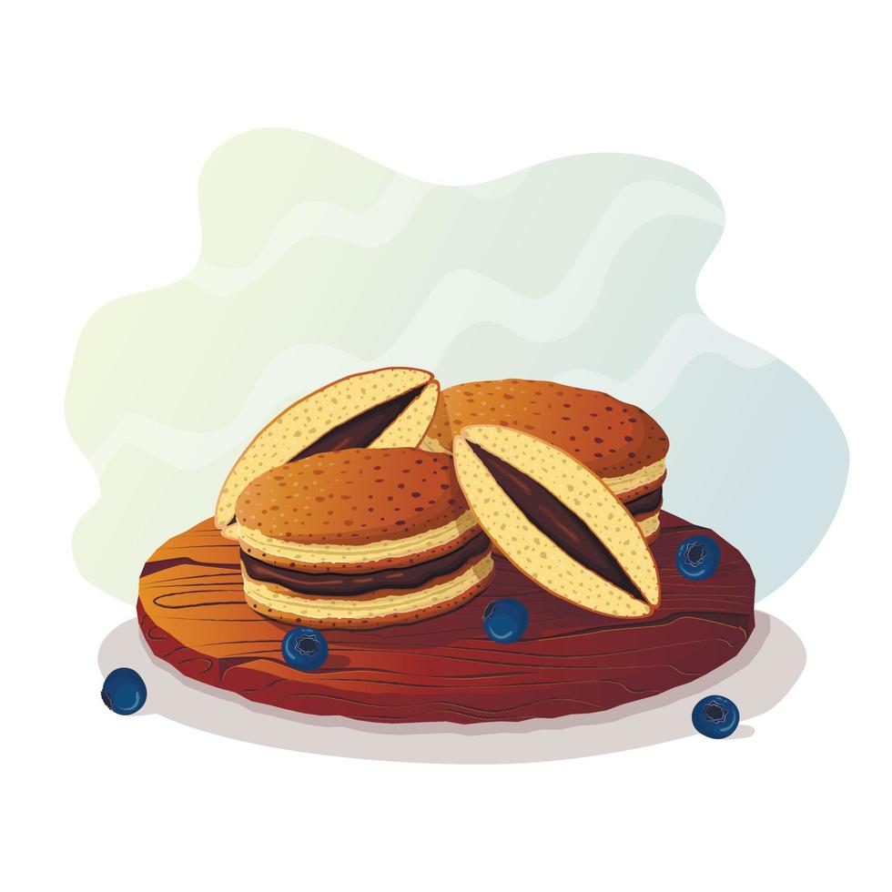 Japanese pancakes - dorayaki on a wooden plate or tray, whole and cut with chocolate filling and blueberries. Restaurant serving dishes vector