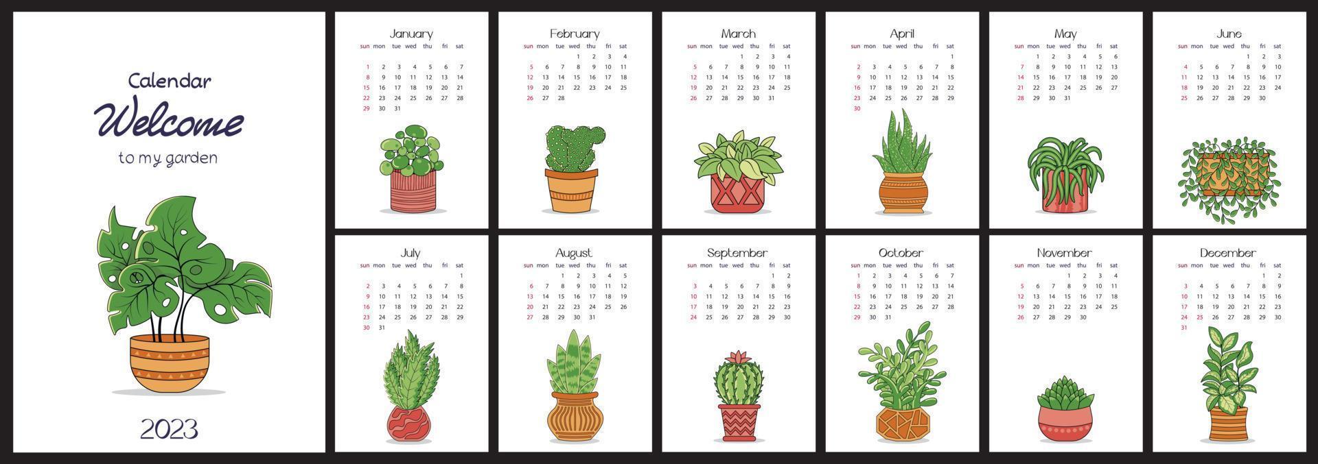Calendar 2023 with houseplants in pots with months on separate sheets where the week starts from Sunday. vector