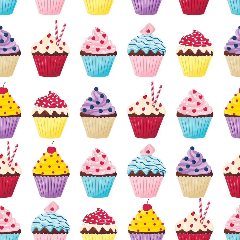 Seamless pattern with cute cupcakes on white background in cartoon flat style vector