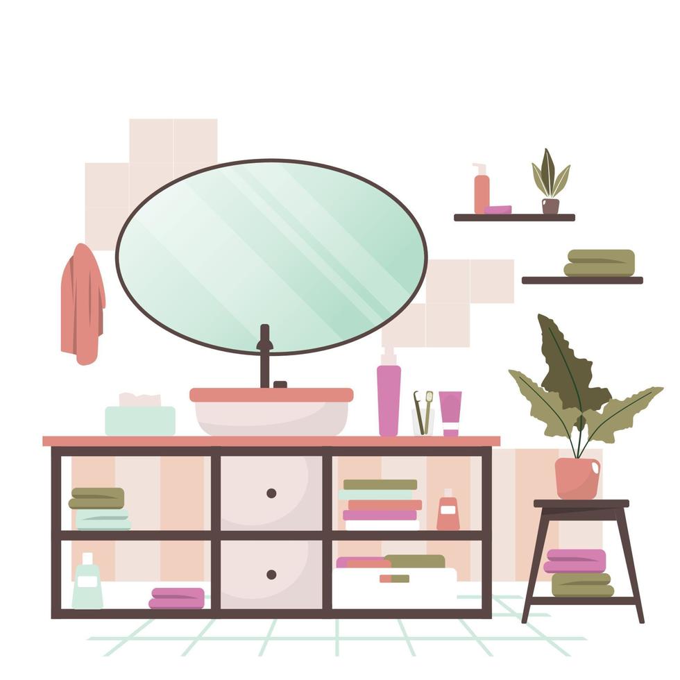 Clean Bathroom Decoration Mirror Sink Cabinet House Interior Flat Design vector