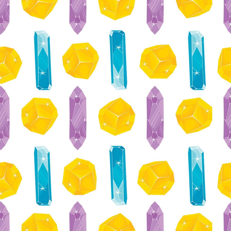 Seamless pattern with orange, purple and blue magic crystals in a simple minimalistic flat style on a white background vector