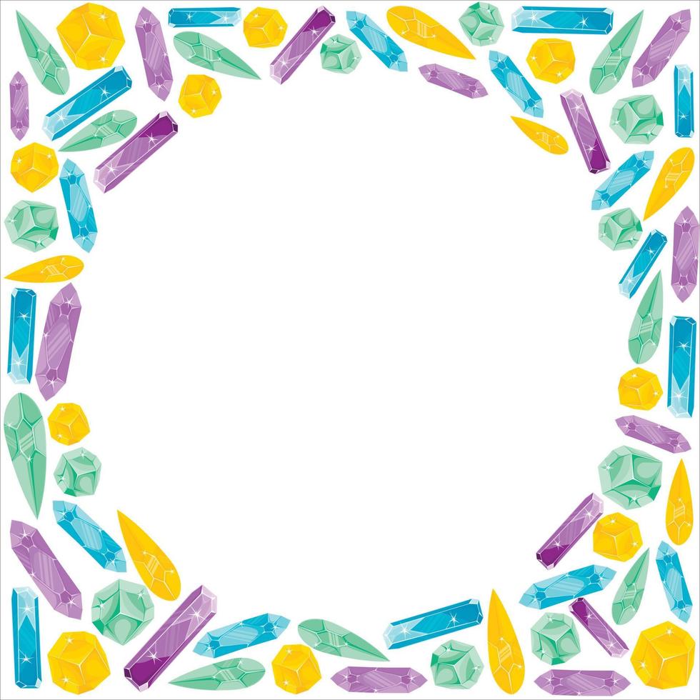 Frame with an empty circle inside and colorful crystals around vector