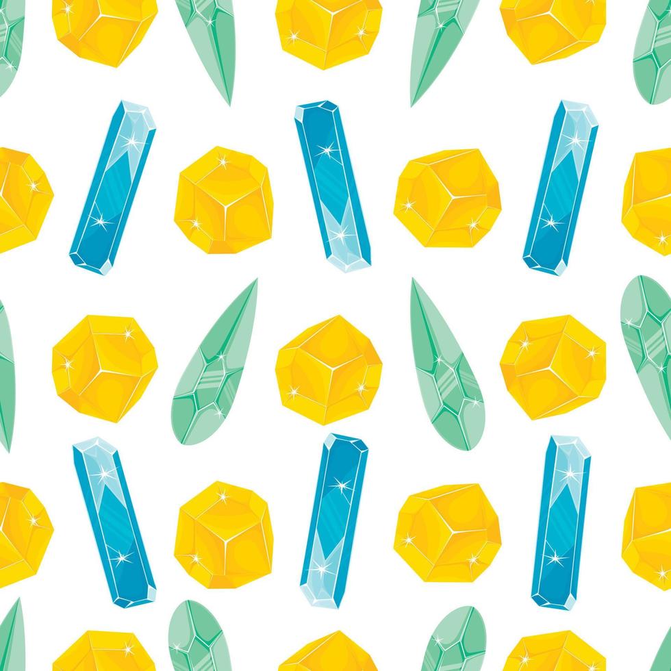 Seamless pattern with orange, light green and blue magic crystals in a simple minimalistic flat style on a white background vector