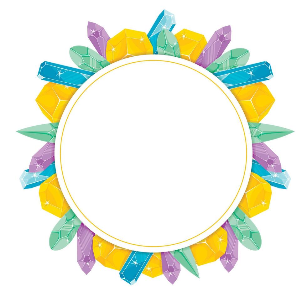 Frame with an empty circle inside and colorful crystals around vector