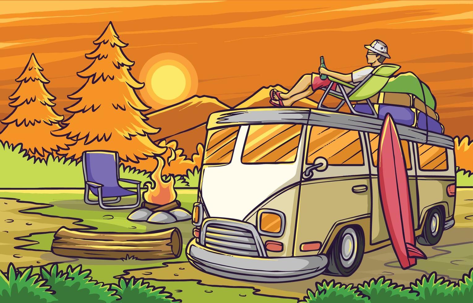 Camper Van or Car Road Trip with Campfire vector