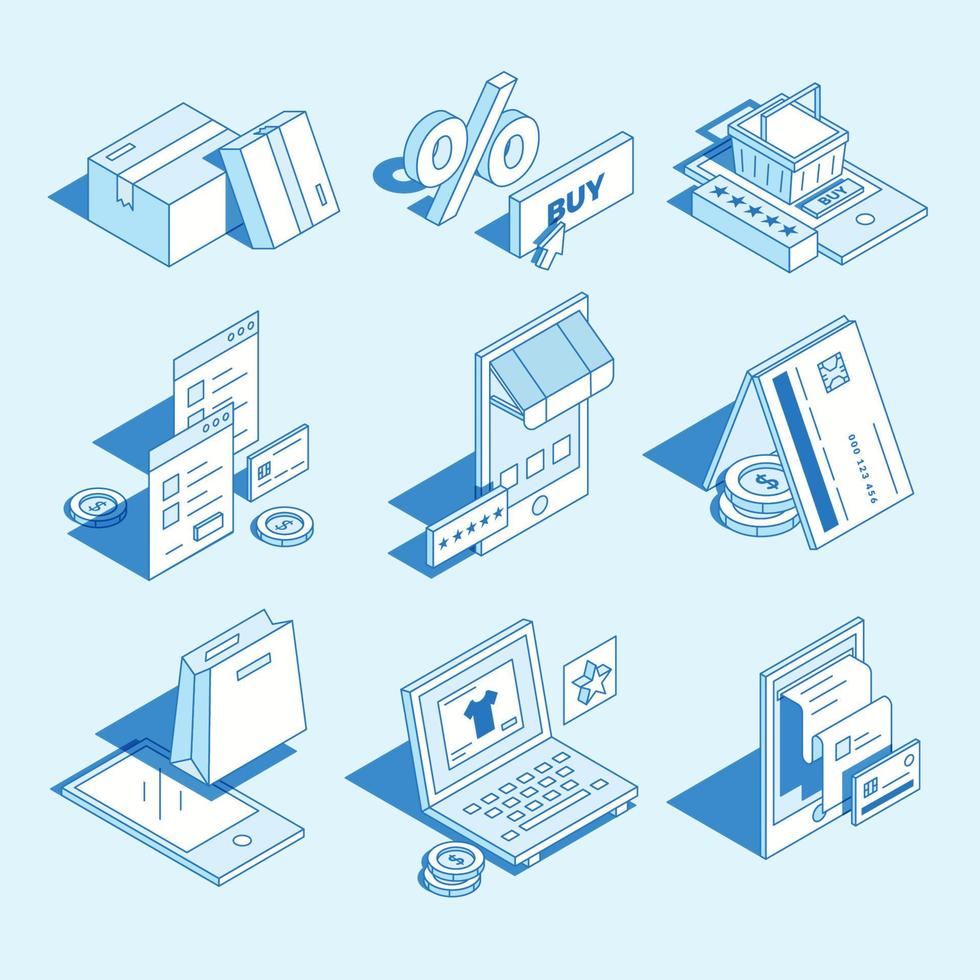 elementos isométricos de compras en línea vector