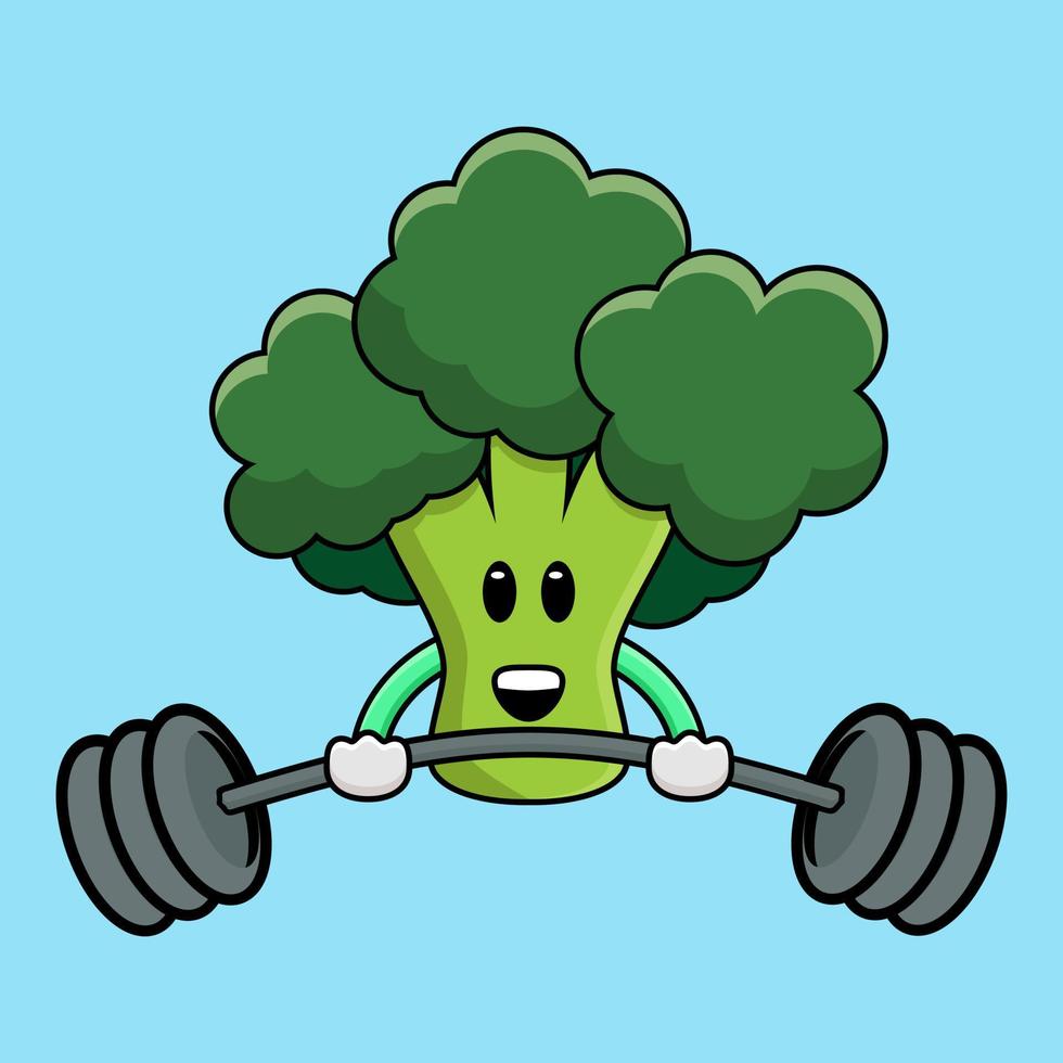 Cute broccoli fitness, bicep barbell curl mascot of illustration vector