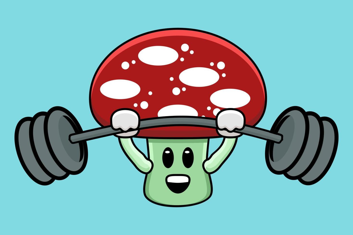 Cute mushroom mascot exercising shoulder press using barbells of illustration vector