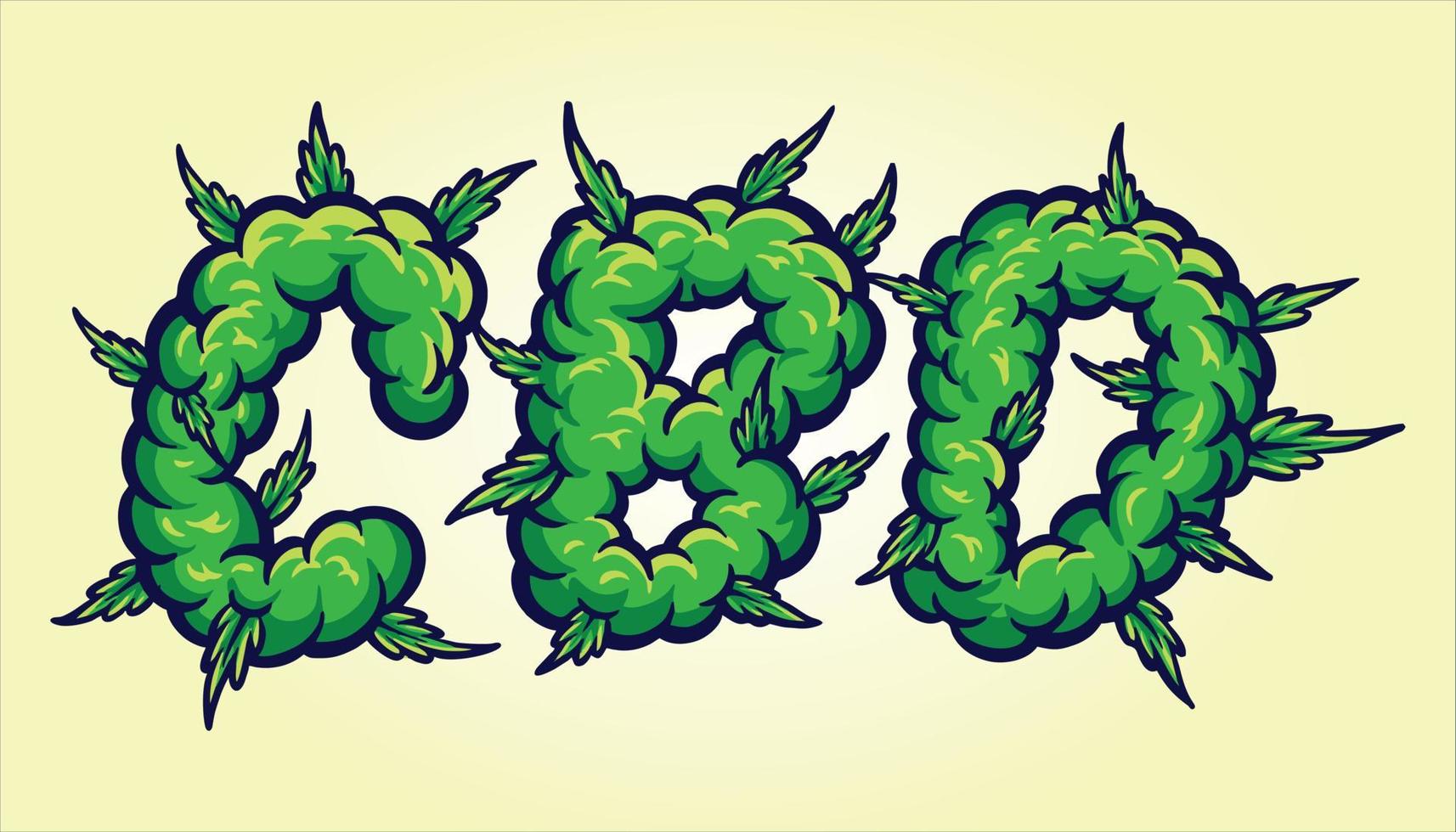 Cannabidiol word lettering with weed smoke ornate vector