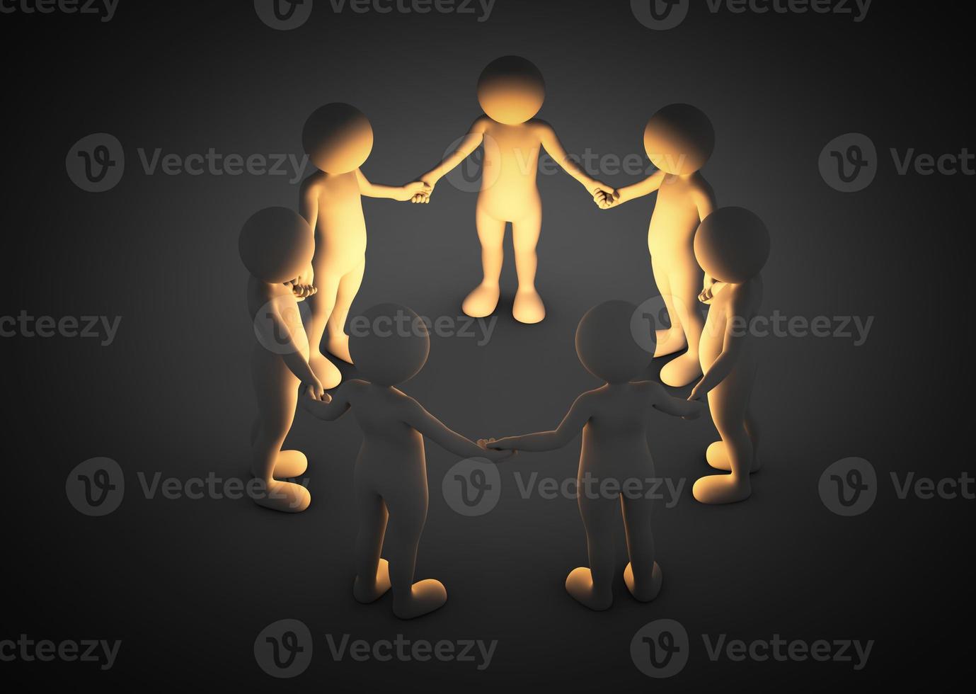 Toon men holding hands in a circle. Light shining. Brainstorm, teamwork, connection concept photo