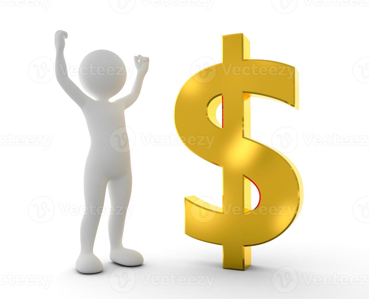 Toon happy man raising hand for a win next to gold dollar symbol photo