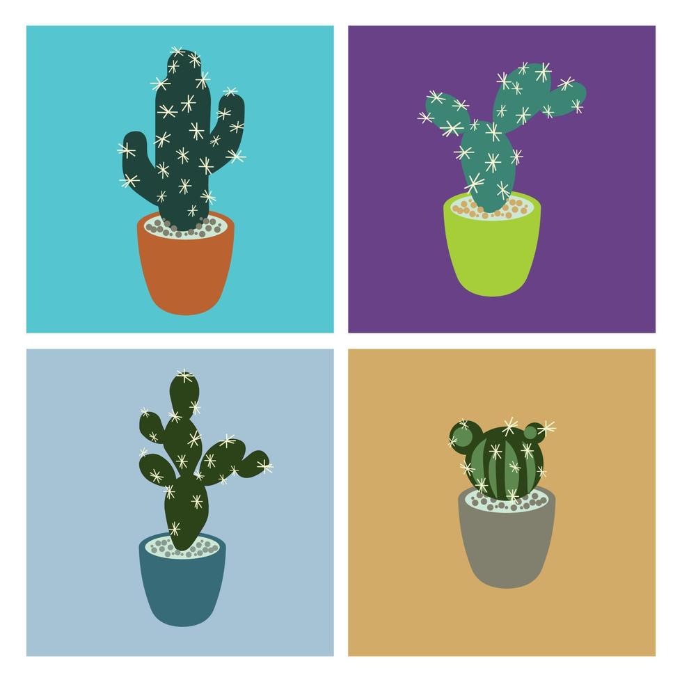 Set of cactus in flowerpot. Cartoon cactus with flowers. Collection of exotic desert plants isolated on color pastel. Cartoon succulents . Kawaii cactus set. vector